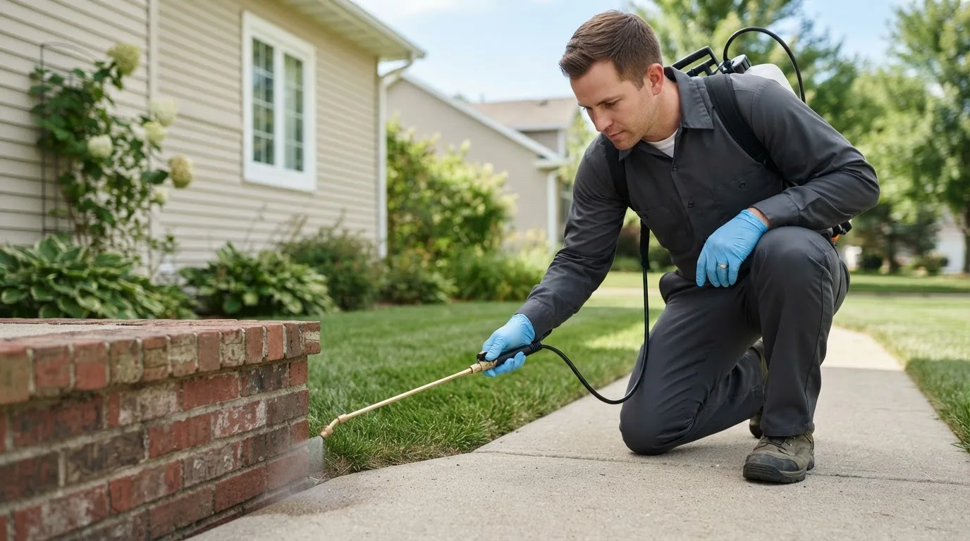 Pest control technician treating a home near Log Lane Village, CO